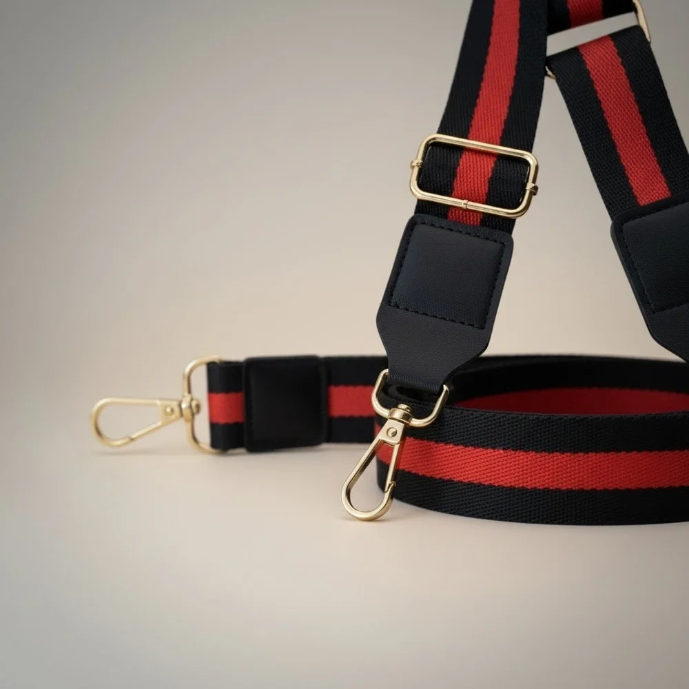 ✨ Black & Red Stripe Adjustable Bag Strap Gold Hardware Crossbody Replacement